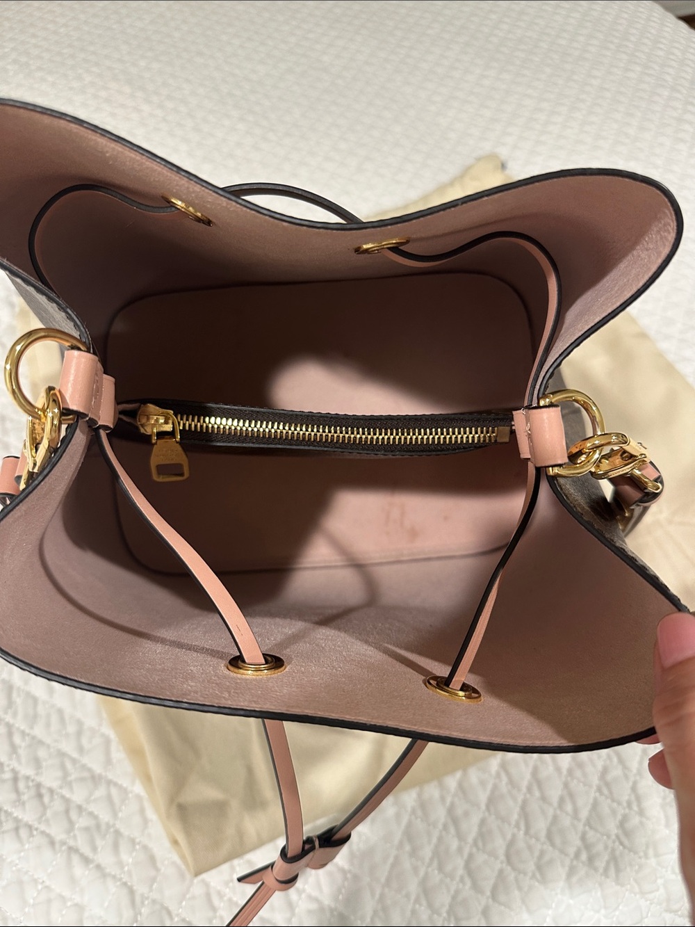Designer Monogram Bucket Shoulder Bag in Brown with Pink Trim - Picture 2 of 6